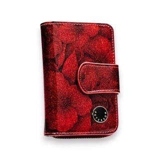 Czerwony, pionowy portfel damski ze skóry naturalnej i ekologicznej, zamykany suwakiem i zatrzaskiem - Peterson