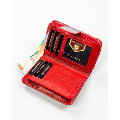 Czerwony, pionowy portfel damski ze skóry naturalnej i ekologicznej, zamykany suwakiem i zatrzaskiem - Peterson