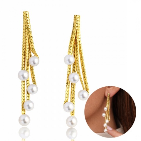 Kolczyki ze stali szlachetnej pozłacane 14k złotem, efektowne, wiszące perełki KST3507