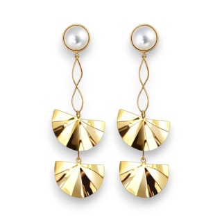 Kolczyki ze stali szlachetnej pozłacane 14k złotem, perły, efektowne, wiszące blaszki KST3505