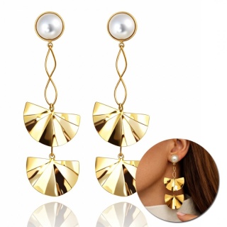 Kolczyki ze stali szlachetnej pozłacane 14k złotem, perły, efektowne, wiszące blaszki KST3505