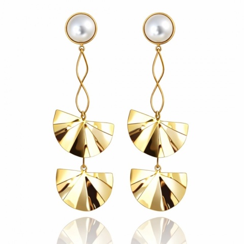 Kolczyki ze stali szlachetnej pozłacane 14k złotem, perły, efektowne, wiszące blaszki KST3505