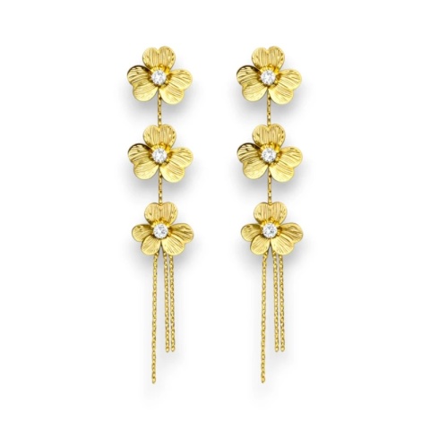 Kolczyki ze stali szlachetnej pozłacane 14k złotem, wiszące kwiaty z cyrkoniami KST3509