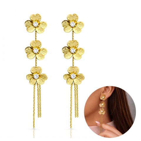 Kolczyki ze stali szlachetnej pozłacane 14k złotem, wiszące kwiaty z cyrkoniami KST3509