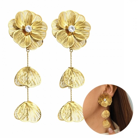 Kolczyki ze stali szlachetnej pozłacane 14k złotem, wiszące kwiaty z cyrkoniami KST3527