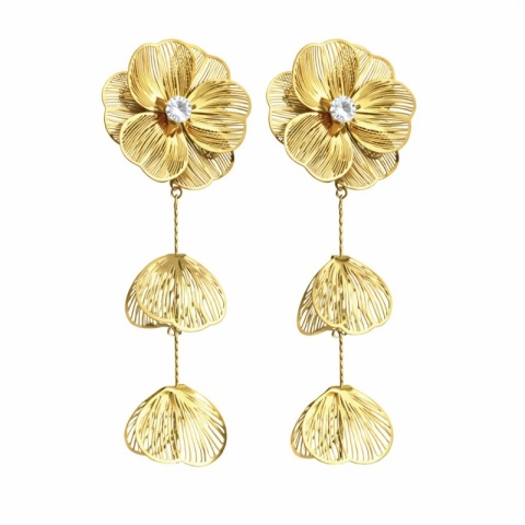 Kolczyki ze stali szlachetnej pozłacane 14k złotem, wiszące kwiaty z cyrkoniami KST3527