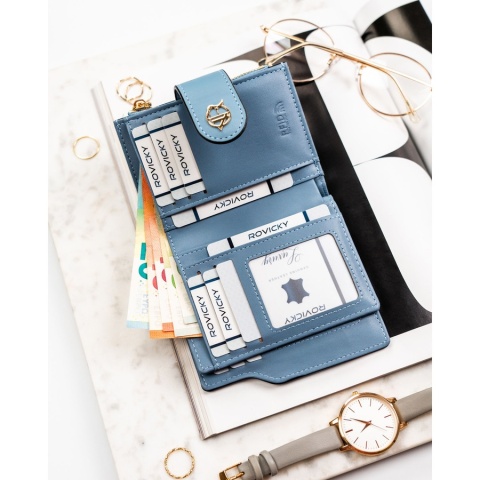 Portfel damski ze skóry ekologicznej w błękitnym kolorze, wyposażony w system RFID - Rovicky