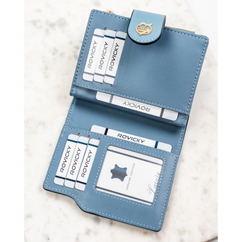 Portfel damski ze skóry ekologicznej w błękitnym kolorze, wyposażony w system RFID - Rovicky