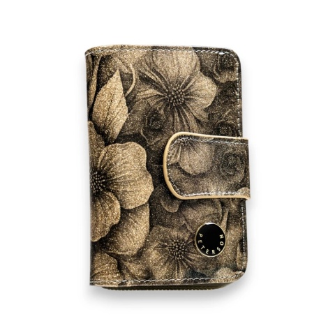 Złoty, pionowy portfel damski ze skóry naturalnej i ekologicznej, zamykany suwakiem i zatrzaskiem - Peterson