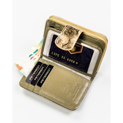 Złoty, pionowy portfel damski ze skóry naturalnej i ekologicznej, zamykany suwakiem i zatrzaskiem - Peterson